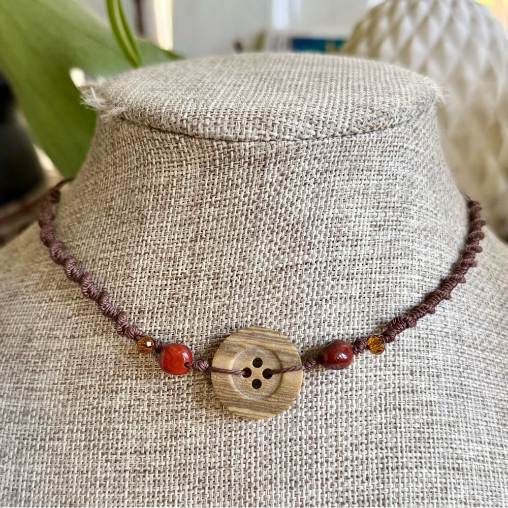 Handmade Boho Cottagecore vintage button and red jasper necklace
